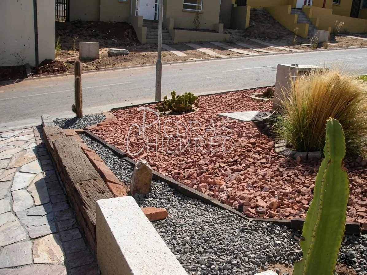 Combinación de áridos decorativos en tonos térreos y neutros para diseño de exteriores y delimitación de senderos. — foto A